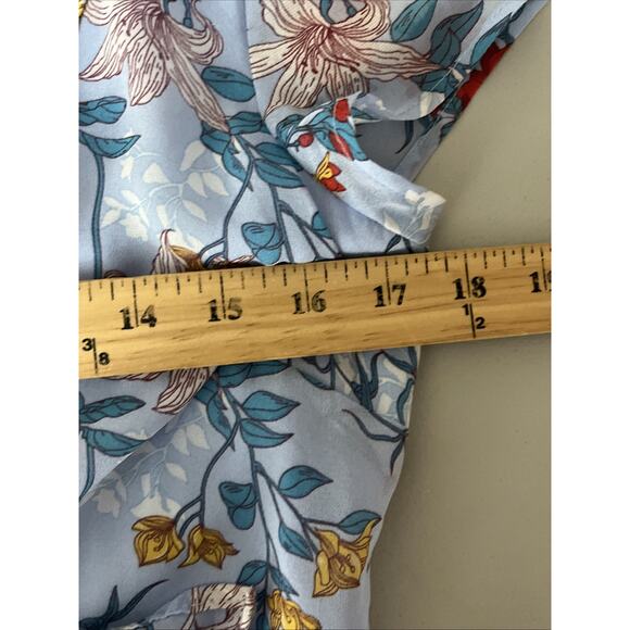 Bardot Mini Wrap Dress Size 8 Blue Red Floral Ruffle Chiffon Cut Out Back V Neck - Picture 7 of 11